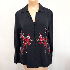 Laura Ashley Womens Black Silk Button Up US 6 UK 10 Vintage Embroidered Holiday